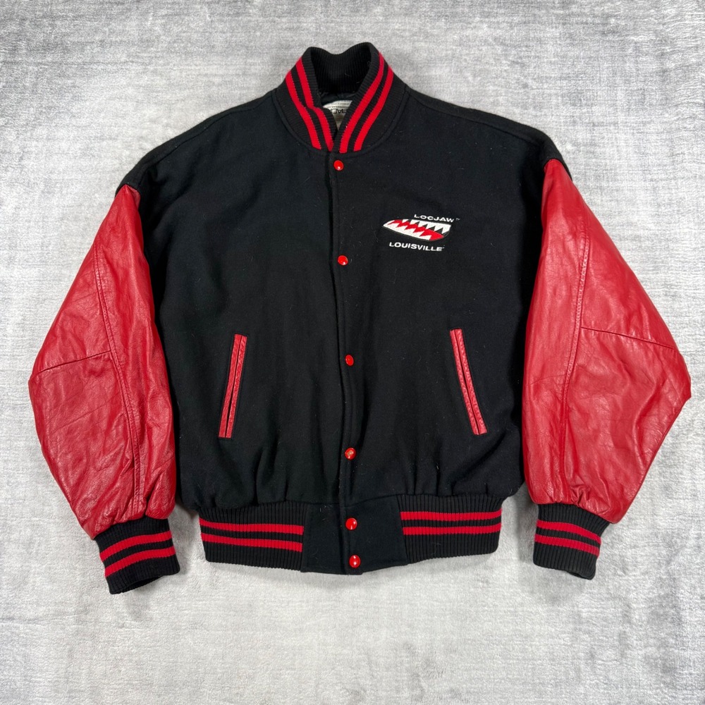 Louisville Hockey Jacket Mens XL Black Vintage 90s Leather Wool Varsity Stick